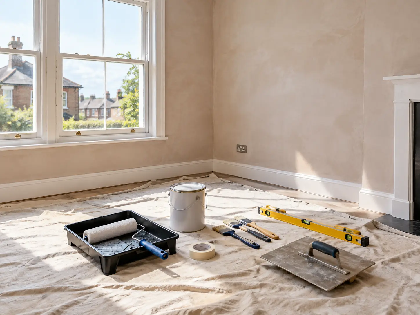 A freshly skimmed room ready for decorating, with a roller, brushes, spirit level, plastering hawk and trowel laid out on a dust sheet
