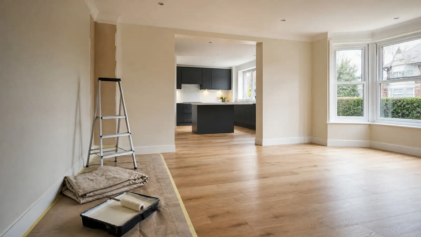 A living room in Watford halfway through decorating: fresh plaster, new oak floor, a roller and tray ready by the wall