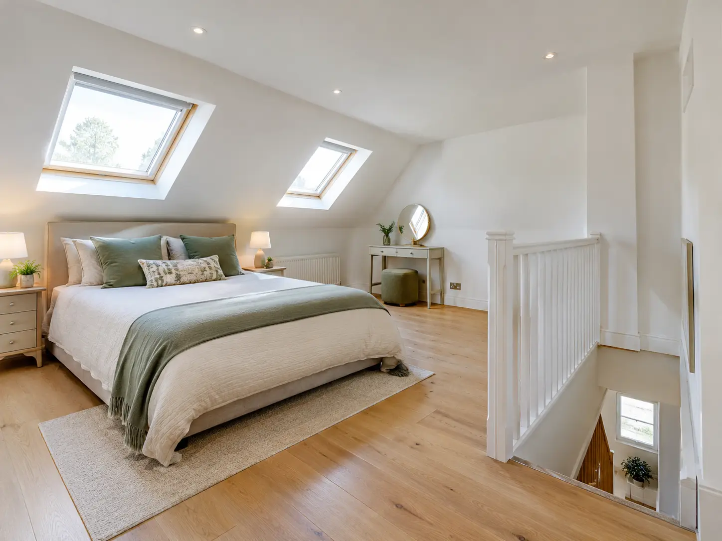 Finished loft conversion bedroom with Velux roof windows, white plastered walls and oak flooring