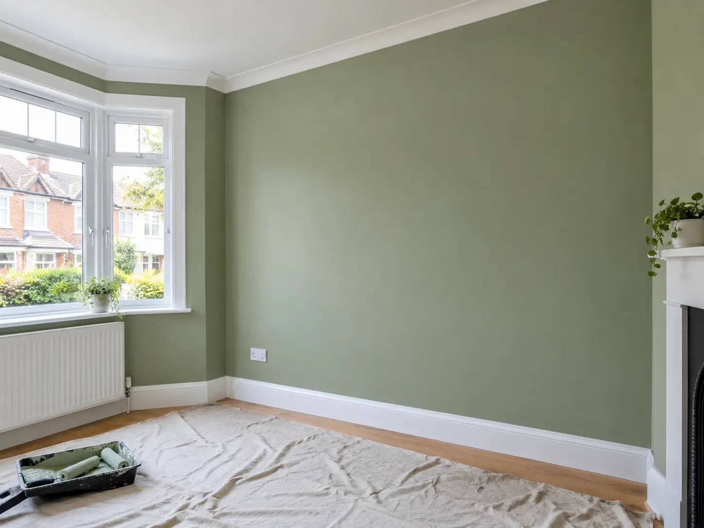 Living room freshly painted sage green with crisp white skirting and coving, roller and tray on a dust sheet