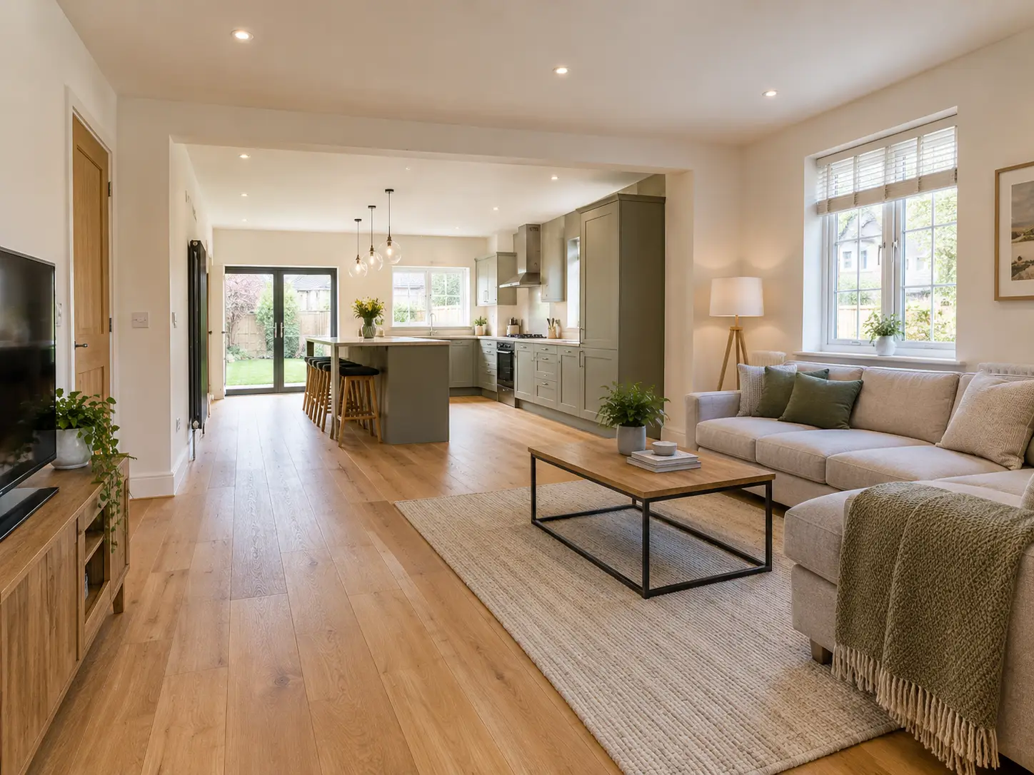 Open-plan ground floor of a semi-detached house after a full renovation: new oak floor, fresh plaster and a new kitchen